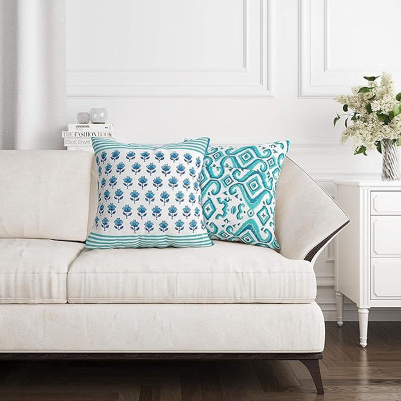 Green & White Ethnic Motifs Square Cushion Covers