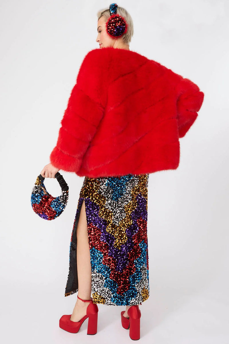 Gaga Faux Fur Striped Red Coat