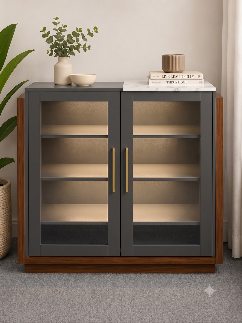 LED Display Cabinet with Glass Doors | White & Walnut | Gold Handles | Sideboard Storage Unit