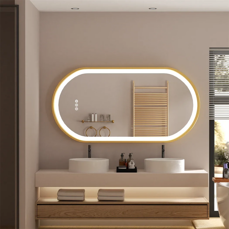 Luxury Oval LED Illuminated Bathroom Mirror Gold Frame Demister Touch Control