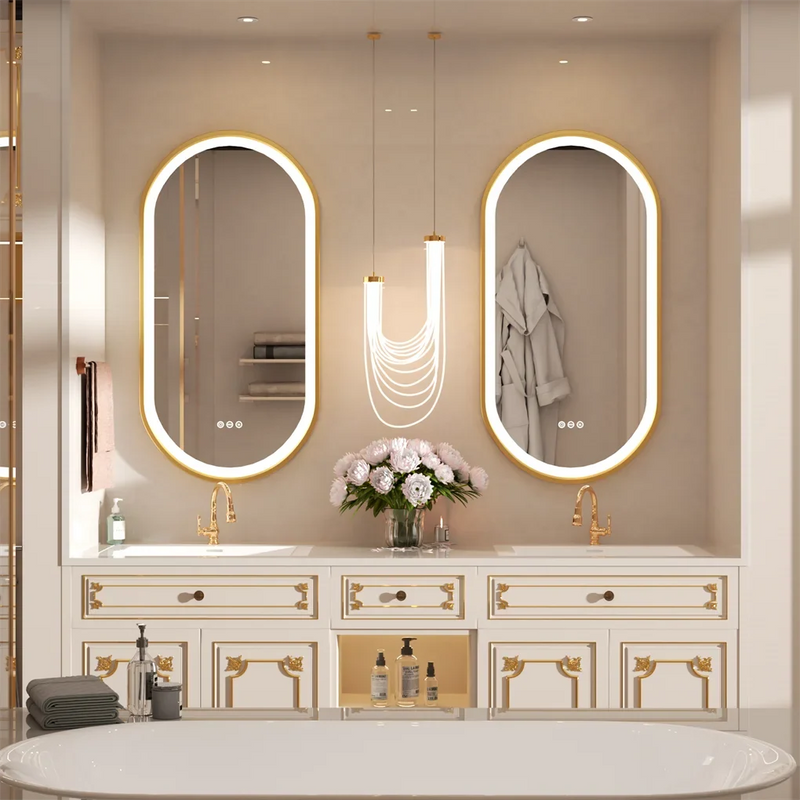 Luxury Oval LED Illuminated Bathroom Mirror Gold Frame Demister Touch Control