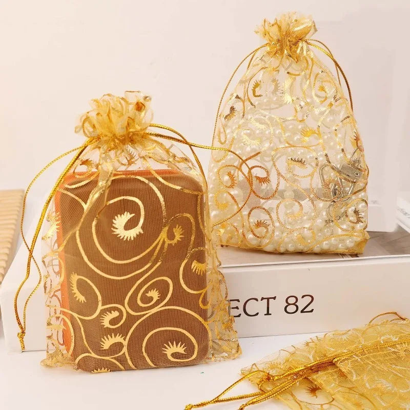 100 Gold Party Gift Bags Mesh Drawstring Jewellery Sweet Pouch Weddings Birthday