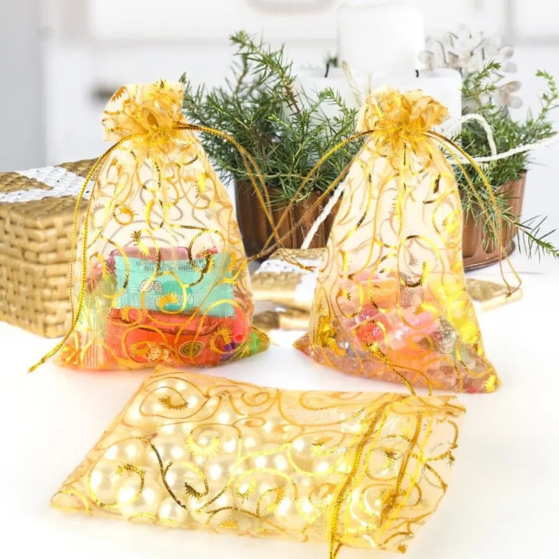 100 Gold Party Gift Bags Mesh Drawstring Jewellery Sweet Pouch Weddings Birthday