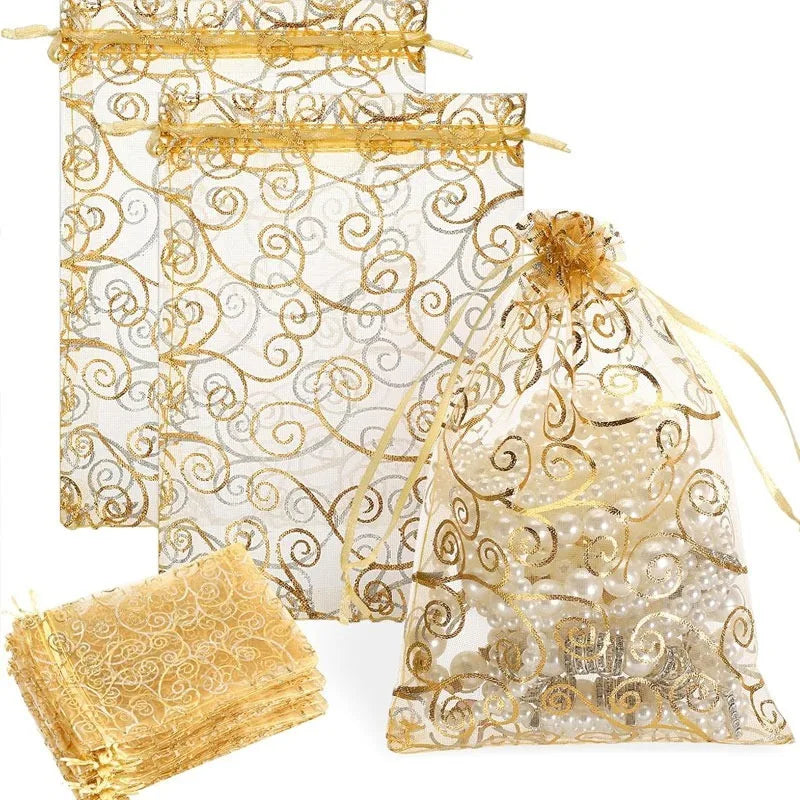 100 Gold Party Gift Bags Mesh Drawstring Jewellery Sweet Pouch Weddings Birthday