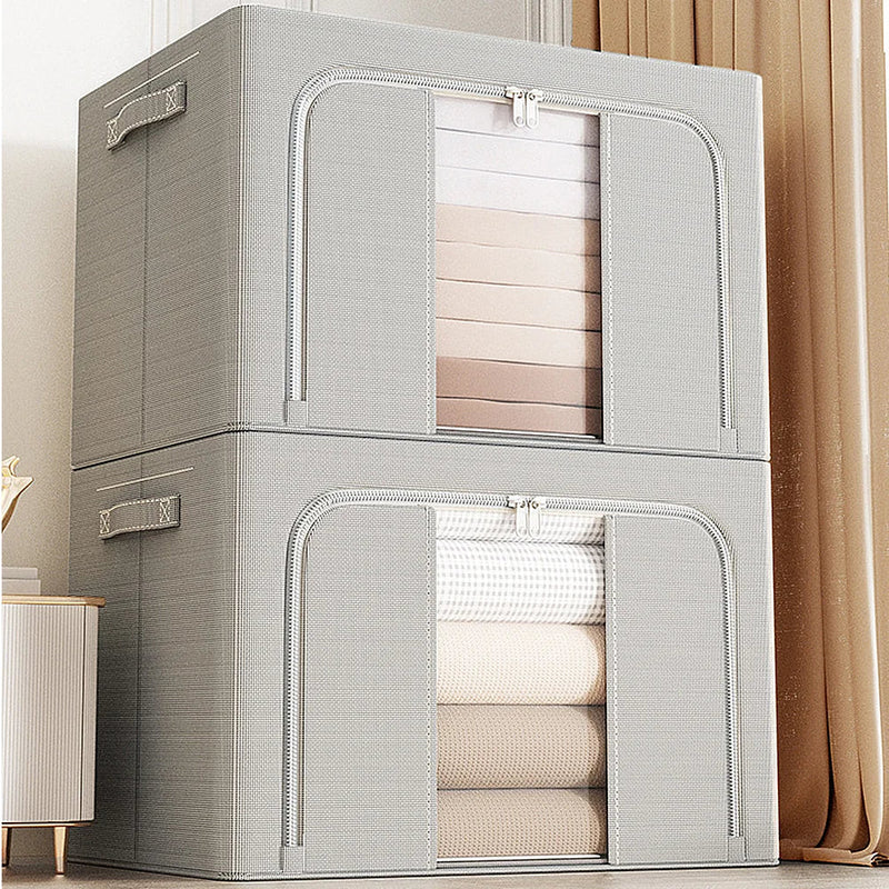 Grey 66L Extra Large Storage Box Set with Steel Frame Fabric Boxes Collapsible