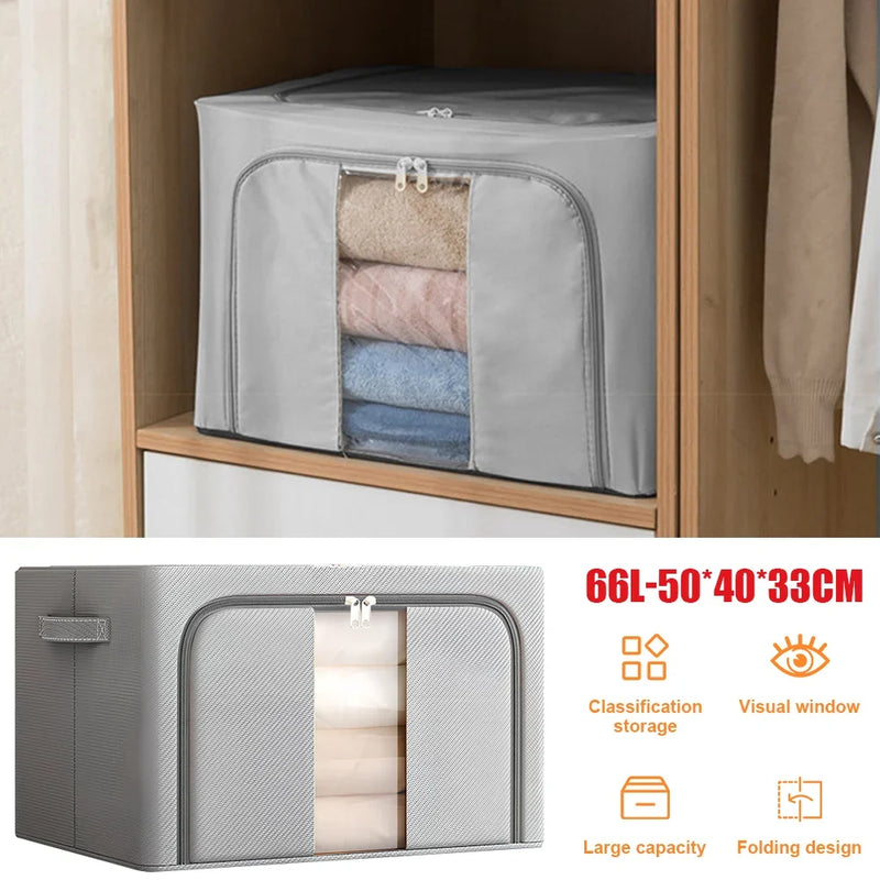 Grey 66L Extra Large Storage Box Set with Steel Frame Fabric Boxes Collapsible