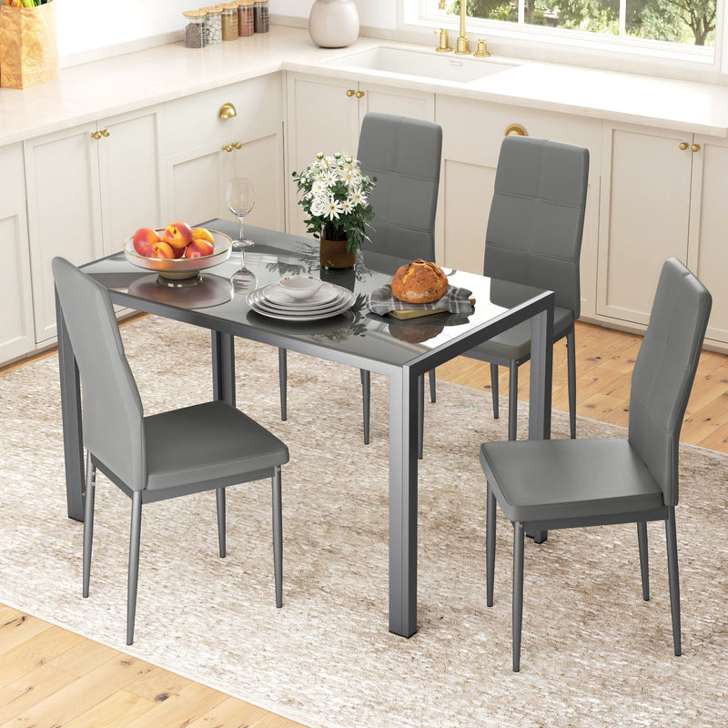 5 Piece Dining Table Set Glass Top Table & 4 Faux Leather Chairs Steel Grey Home