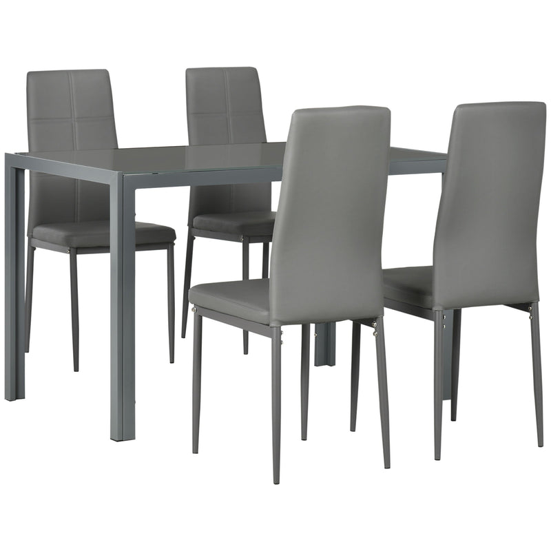 5 Piece Dining Table Set Glass Top Table & 4 Faux Leather Chairs Steel Grey Home