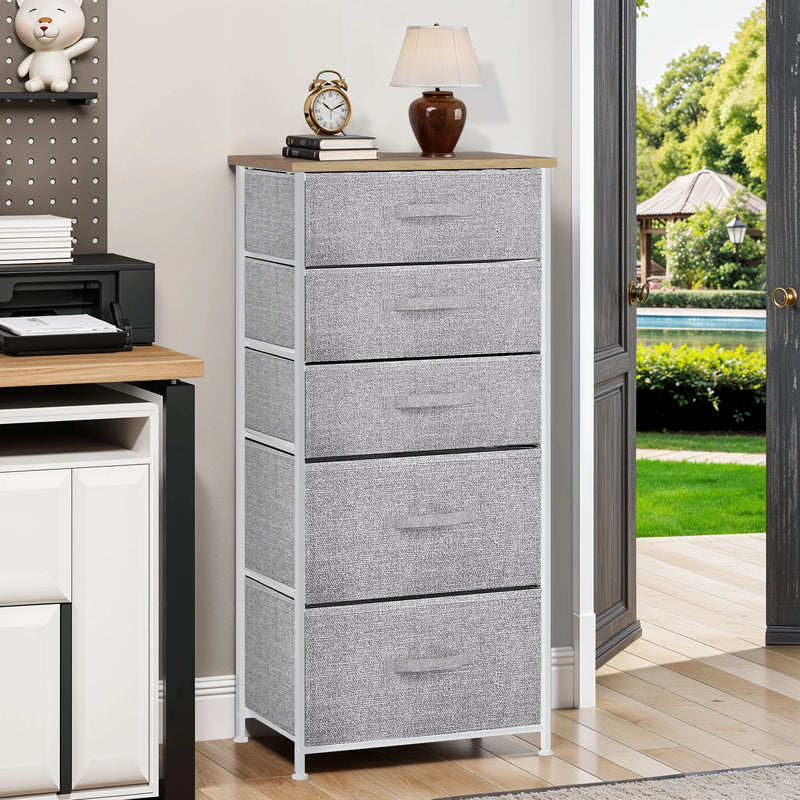 5 Drawer Fabric Dresser with Steel Frame & Wood Top - Foldable Storage Organiser