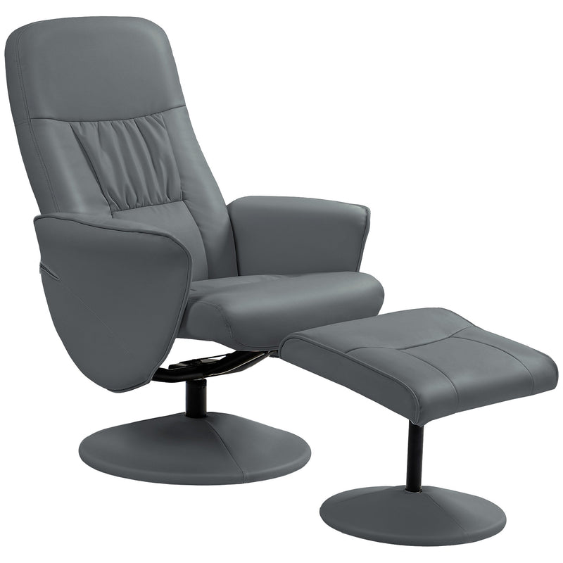 Swivel Recliner Chair Footstool PU Leather Armchair Grey Living Room Seat Stool