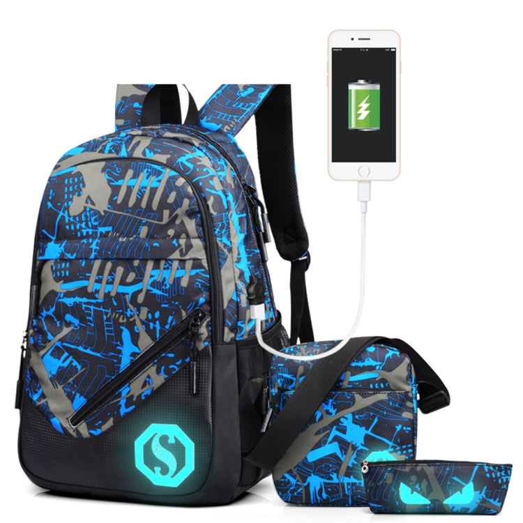 Multi-Function Large Capacity Oxford Cloth Backpack Casual Laptop Computer Bag with External USB Charging Interface & Shoulder Bag & Pen Bag for Men / Women / Student, Size: 45*30*15cm, Blue and Grey Graffiti