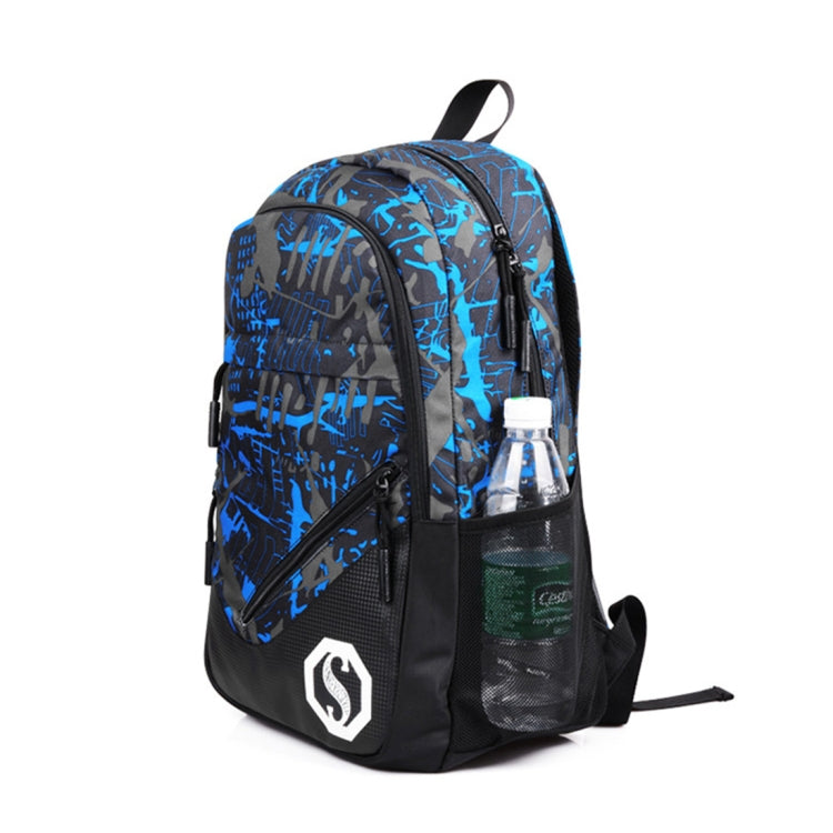 Multi-Function Large Capacity Oxford Cloth Backpack Casual Laptop Computer Bag with External USB Charging Interface & Shoulder Bag & Pen Bag for Men / Women / Student, Size: 45*30*15cm, Blue and Grey Graffiti
