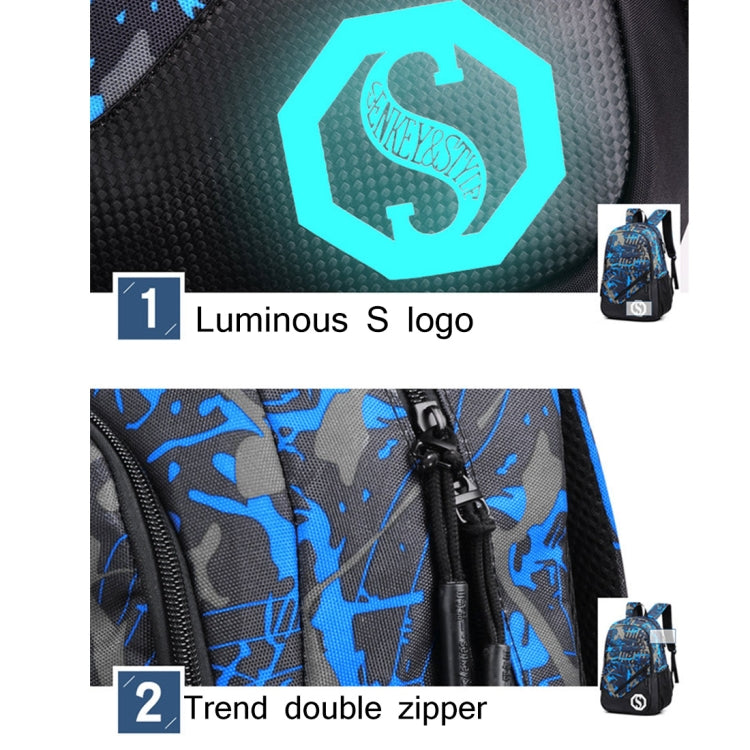 Multi-Function Large Capacity Oxford Cloth Backpack Casual Laptop Computer Bag with External USB Charging Interface & Shoulder Bag & Pen Bag for Men / Women / Student, Size: 45*30*15cm, Blue and Grey Graffiti