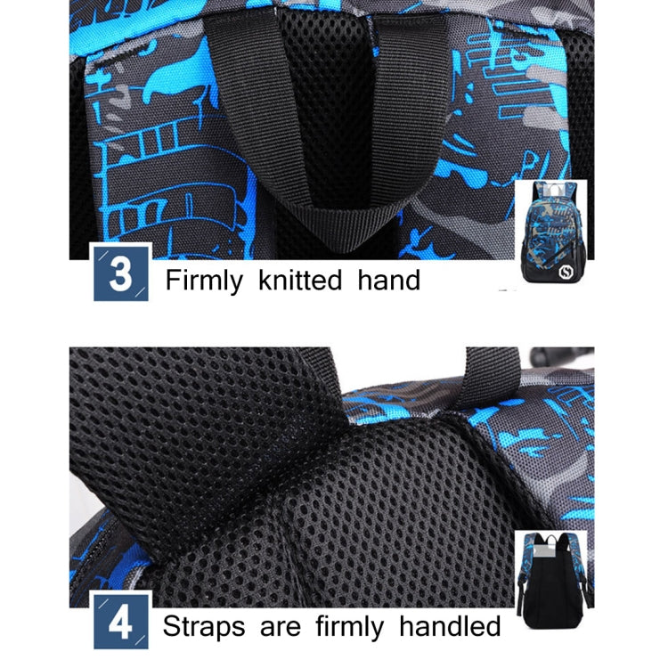 Multi-Function Large Capacity Oxford Cloth Backpack Casual Laptop Computer Bag with External USB Charging Interface & Shoulder Bag & Pen Bag for Men / Women / Student, Size: 45*30*15cm, Blue and Grey Graffiti