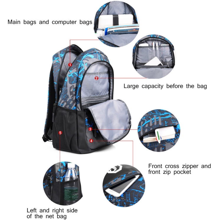 Multi-Function Large Capacity Oxford Cloth Backpack Casual Laptop Computer Bag with External USB Charging Interface & Shoulder Bag & Pen Bag for Men / Women / Student, Size: 45*30*15cm, Blue and Grey Graffiti