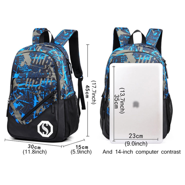 Multi-Function Large Capacity Oxford Cloth Backpack Casual Laptop Computer Bag with External USB Charging Interface & Shoulder Bag & Pen Bag for Men / Women / Student, Size: 45*30*15cm, Blue and Grey Graffiti