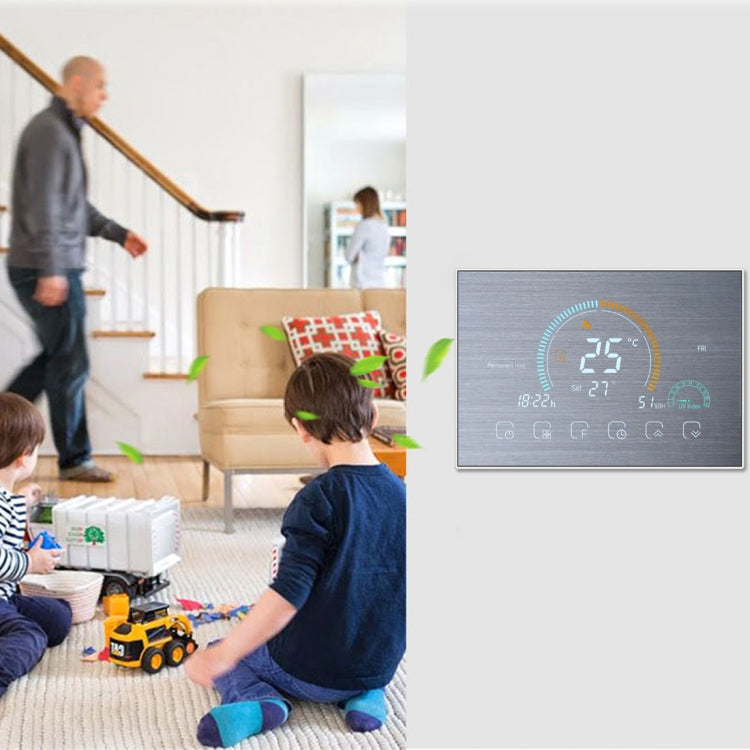 BHT-8000-GA-SS Brushed Stainless Steel Mirror Control Water Heating Energy-saving and Environmentally-friendly Smart Home Negative Display LCD Screen Round Room Thermostat without WiFi, without WiFi