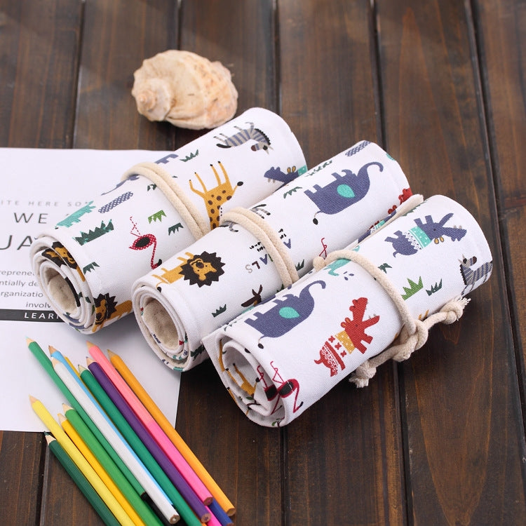 36 Slots Cartoon Animal Print Pen Bag Canvas Pencil Wrap Curtain Roll Up Pencil Case Stationery Pouch, 36 Slots