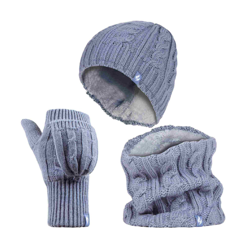 Ladies Fleece Lined Thermal Winter Hat, Neck Warmer & Converter Gloves Set