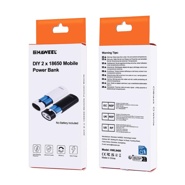 HAWEEL DIY 2x 18650 Battery (Not Included) 5600mAh Power Bank Shell Box with USB Output & Indicator, DIY 2 Batteries(Black), DIY 2 Batteries(White)