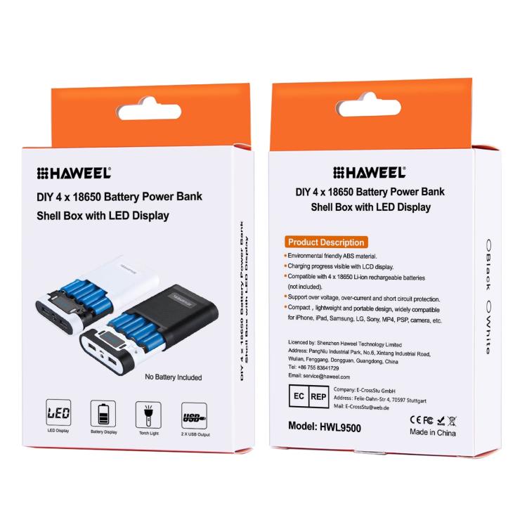 HAWEEL DIY 4 x 18650 Battery (Not Included) 10000mAh Power Bank Shell Box with 2 x USB Output & Display for iPhone, Galaxy, Sony, HTC, Google, Huawei, Xiaomi, Lenovo and other Smartphones, DIY 4 x 18650 10000mAh  Battery (US)...