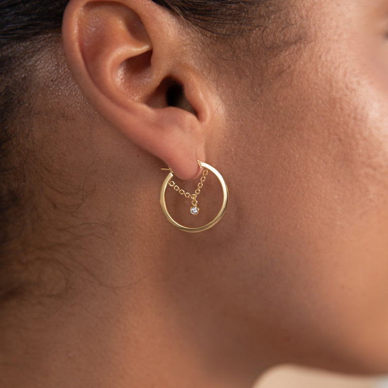 Gold White Gem Chain Hoop Earrings