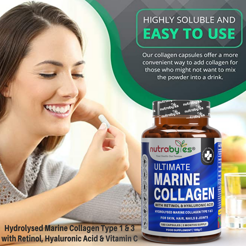 Ultimate Marine Collagen Capsules | High Strength Types I & III with Hyaluronic Acid, Vitamin C & Vitamin A | 180 Capsules, 3 Month Supply | UK Made