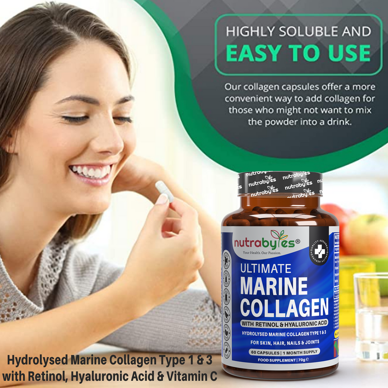 Ultimate Marine Collagen Capsules | High Strength Types I & III with Hyaluronic Acid, Vitamin C & Vitamin A | 60 Capsules, 1 Month Supply | UK Made