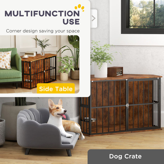 PawHut Corner Dog Crate Furniture with 2 Bowls for Small & Medium Dogs