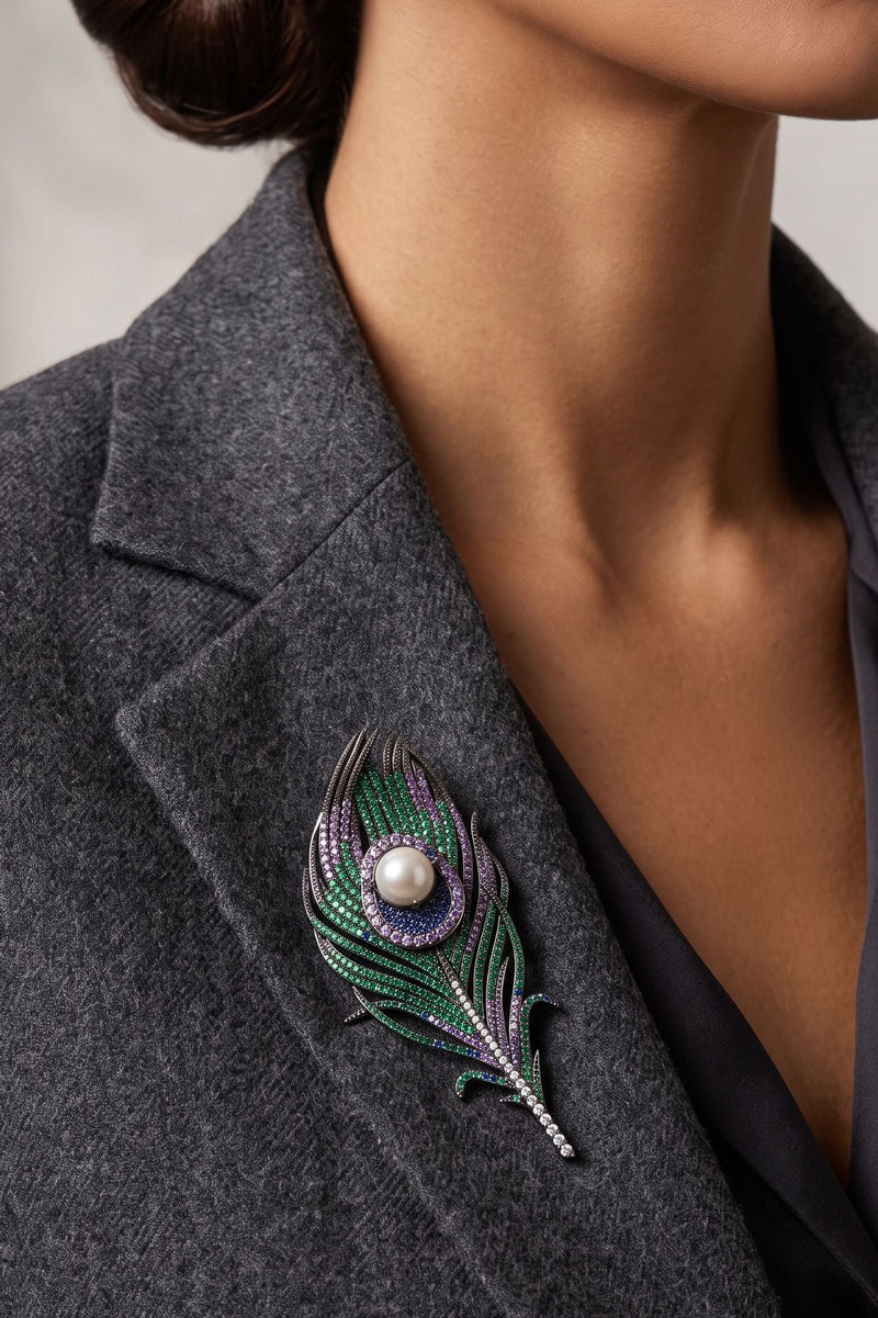 Peacock Feather Pearl Brooch Oxidised