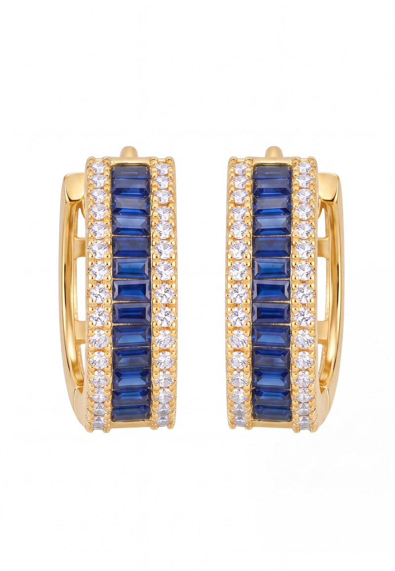 Baguette Huggie Hoop Earrings Sapphire Blue Gold