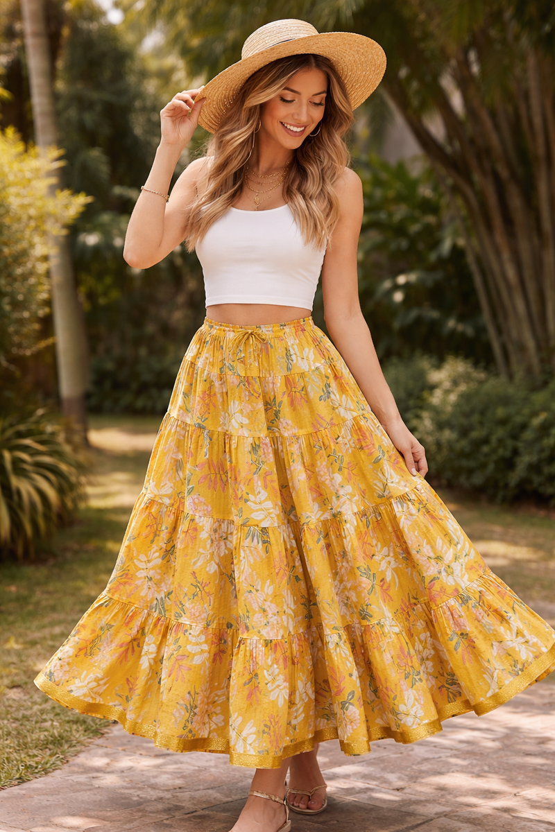 Blackfever Sunshine Yellow Floral Tiered Cotton Skirt – Free Size