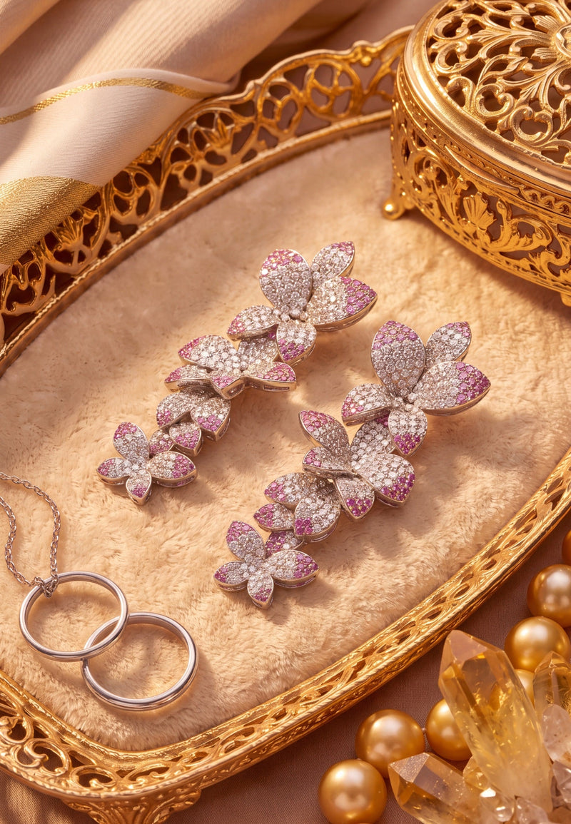 Cherry Blossom Drop Earrings Pink Silver
