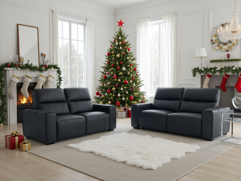 Luxurious Bellagio Black Genuine Leather Electric Recliner Sofa 3+2 Set