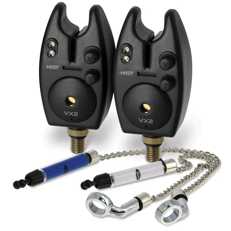 NGT Carp Fishing Black VX2 Twin Bite Alarm and Indicator Set with Batteries