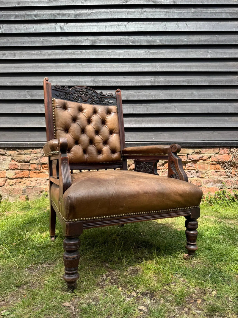 Victorian Carved Walnut & Leather Library Chair Button Back Fireside Armchair
