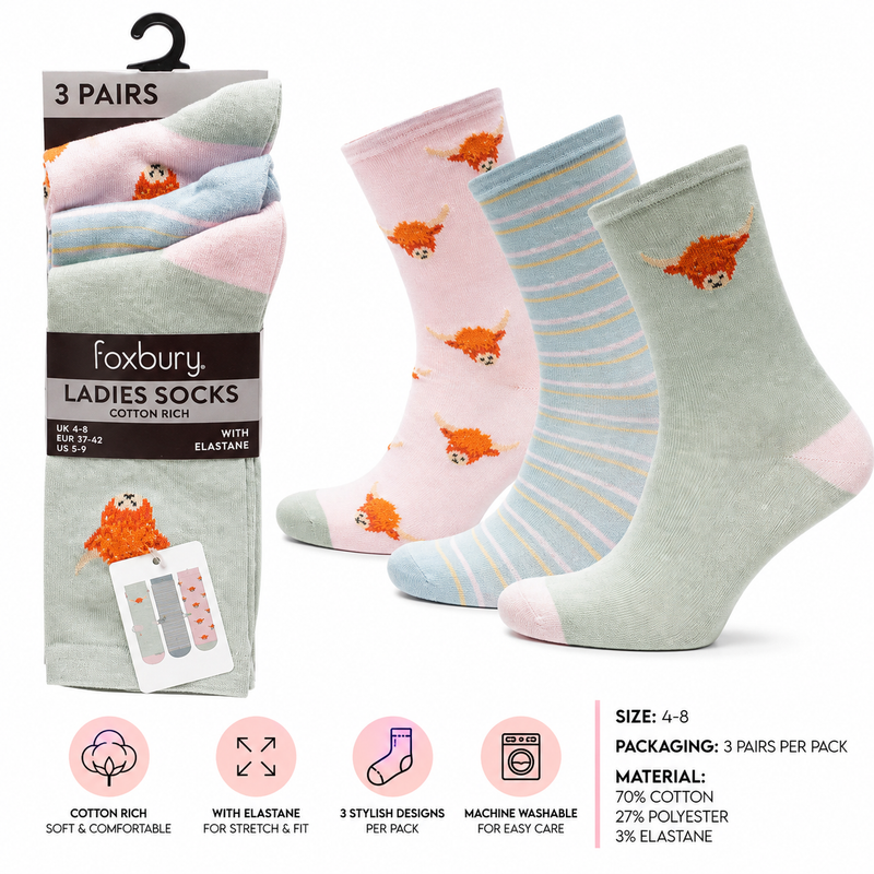 Ladies highland cow socks 3 pack