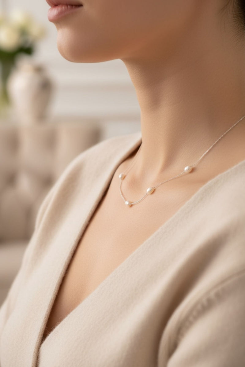 Solid 14k White Gold Natural Spaced Pearl Necklace