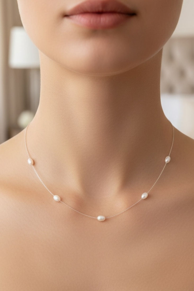 Solid 14k White Gold Natural Spaced Pearl Necklace