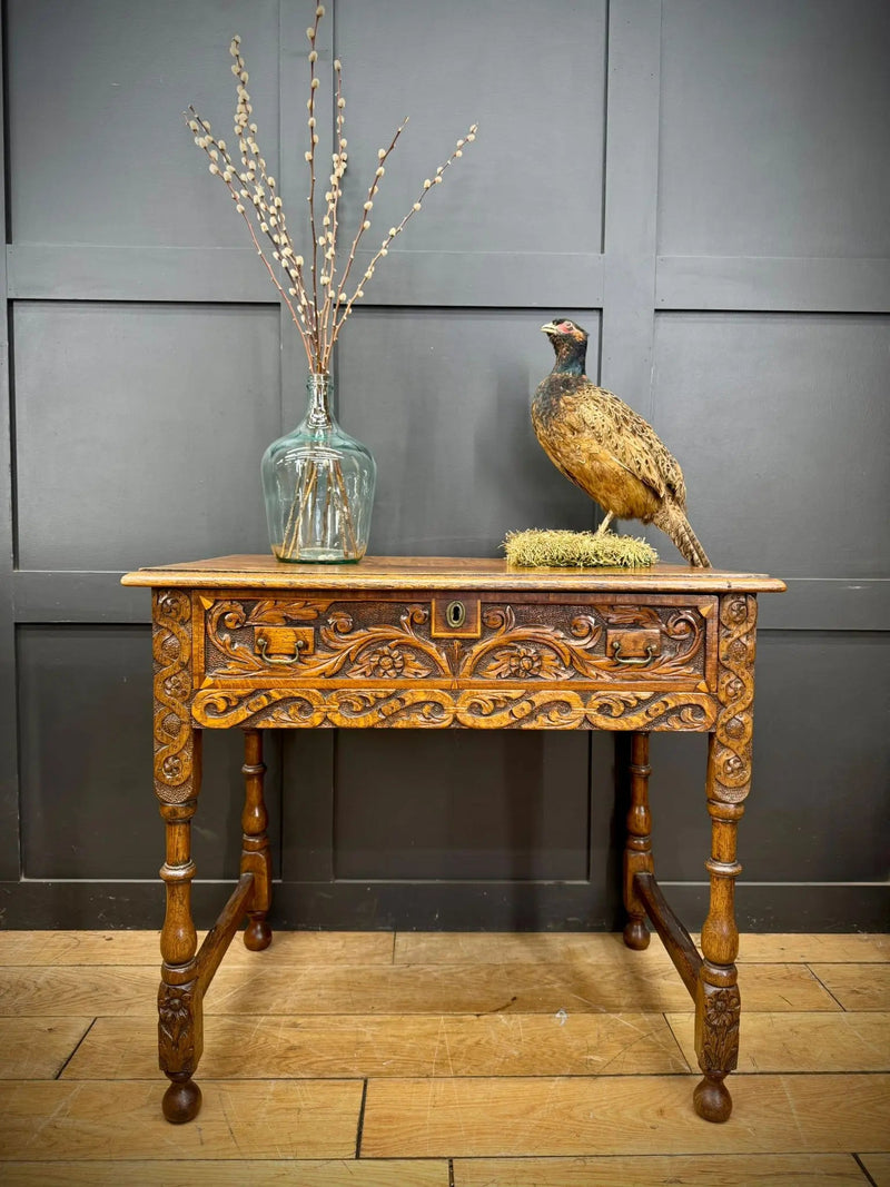 Antique Carved Oak Side Table with Drawer / Occasional Lamp Hall Table