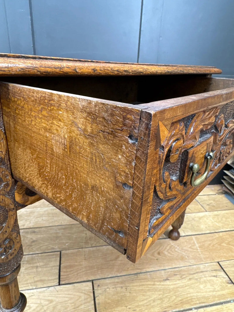 Antique Carved Oak Side Table with Drawer / Occasional Lamp Hall Table