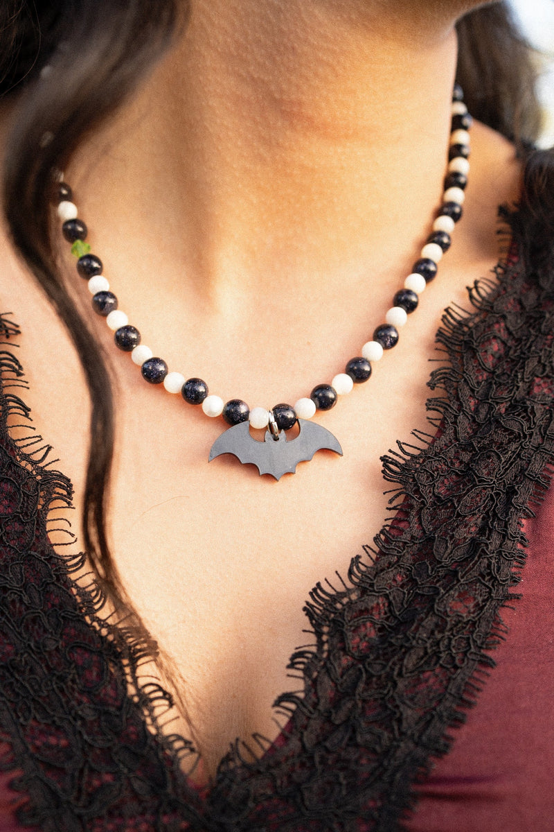 Black and White Bat Beaded Necklace