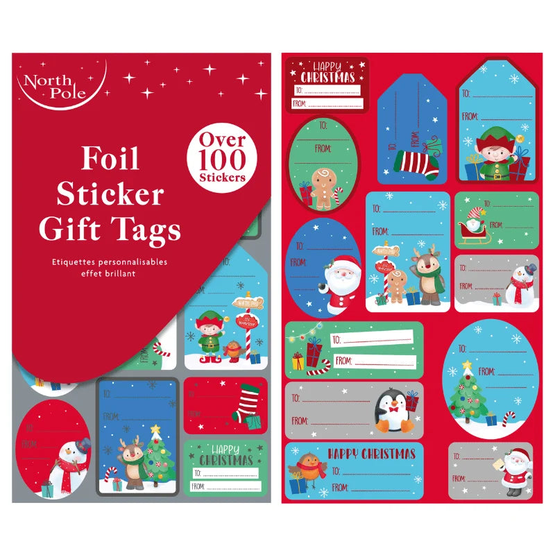Foil sticker Christmas gift tags 100 pack - cute