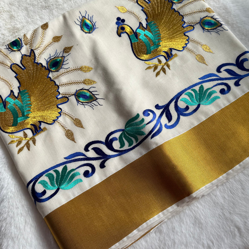 Kerala Cotton  Onam Saree with Golden Peacock Embroidery & Kasavu Border – Traditional Festive Wear S110