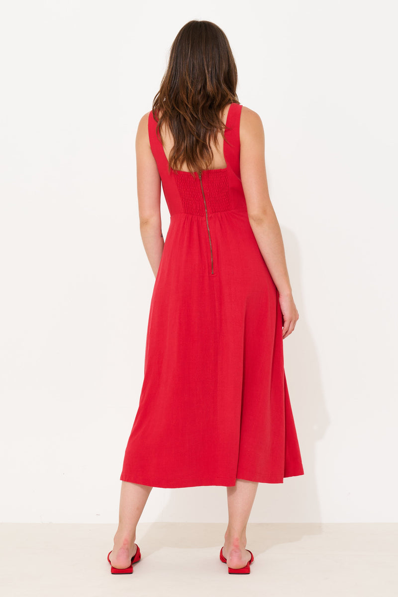 Baya Linen Mix Square Neck Midi Dress - Red