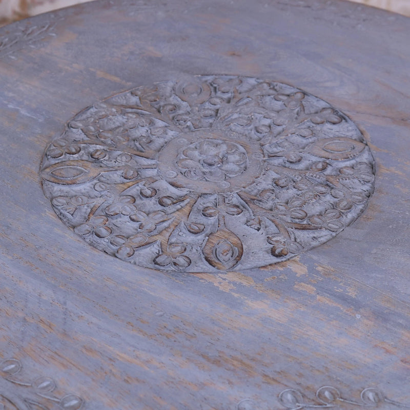 Pharoli Grey Wooden Side Table Grey Carved Patterns