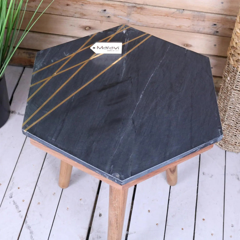 Siangra Hexagon Black Marble Side Table