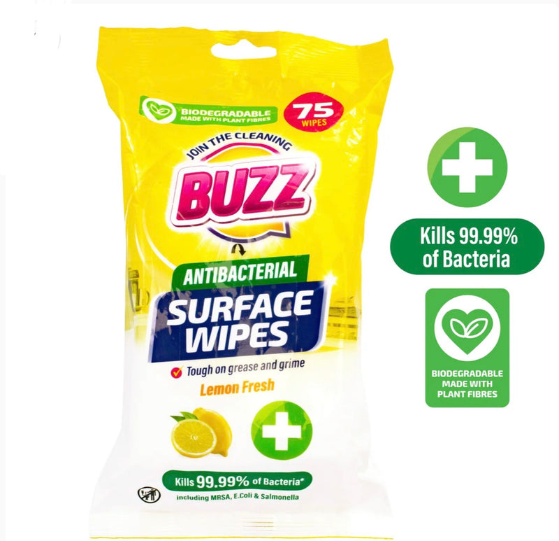 Buzz biodegradable all purpose anti-bac wipes 75 pack - lemon fresh