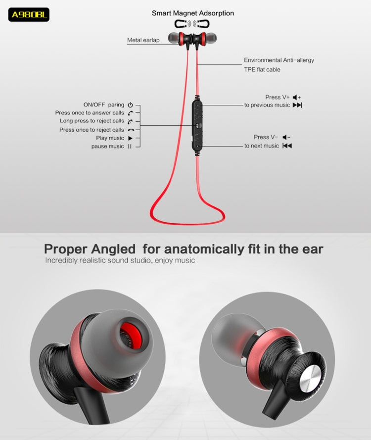 AWEI A980BL Wireless Sport Magnetic Bluetooth Earphone with Wire Control , Support Handfree Call
