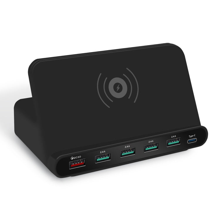 828W 7 in 1 60W QC 3.0 USB Interface + 4 USB Ports + USB-C / Type-C Interface + Wireless Charging Multi-function Charger with Mobile Phone Holder Function, US Plug, US Plug White, US Plug Black